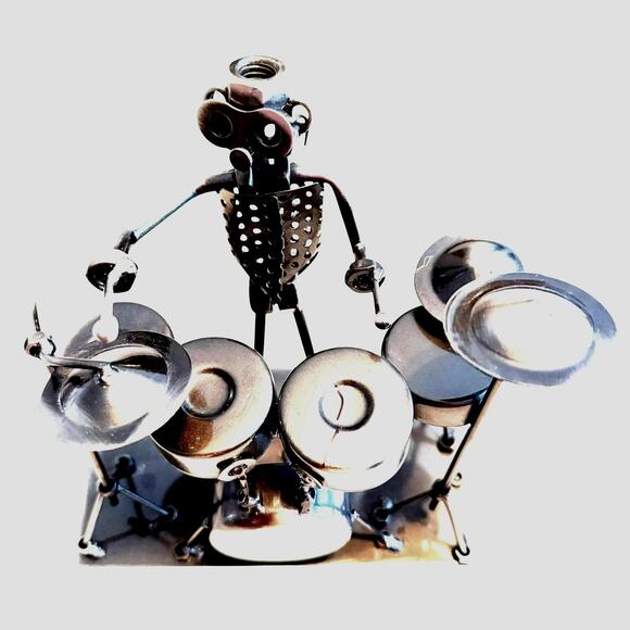 Steam Punk Drummer Musician Metal Figurine Unique Gift Drum Cymbal Bass 7" - Picture 2 of 11